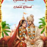 Majestic Temple BG Traditional Wedding Invitation Video with Animated Couple caricature and Ornate Festive Decor Accents