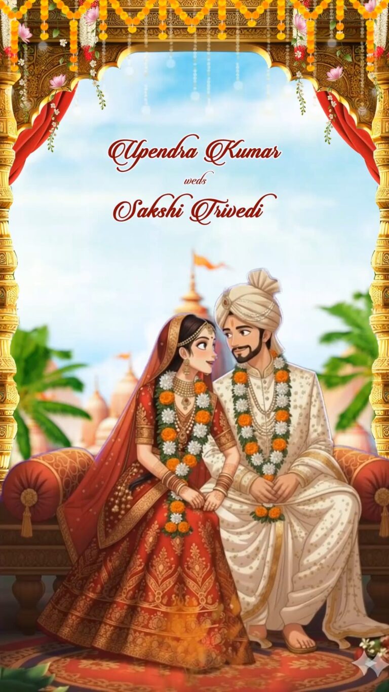 Majestic Temple BG Traditional Wedding Invitation Video with Animated Couple caricature and Ornate Festive Decor Accents