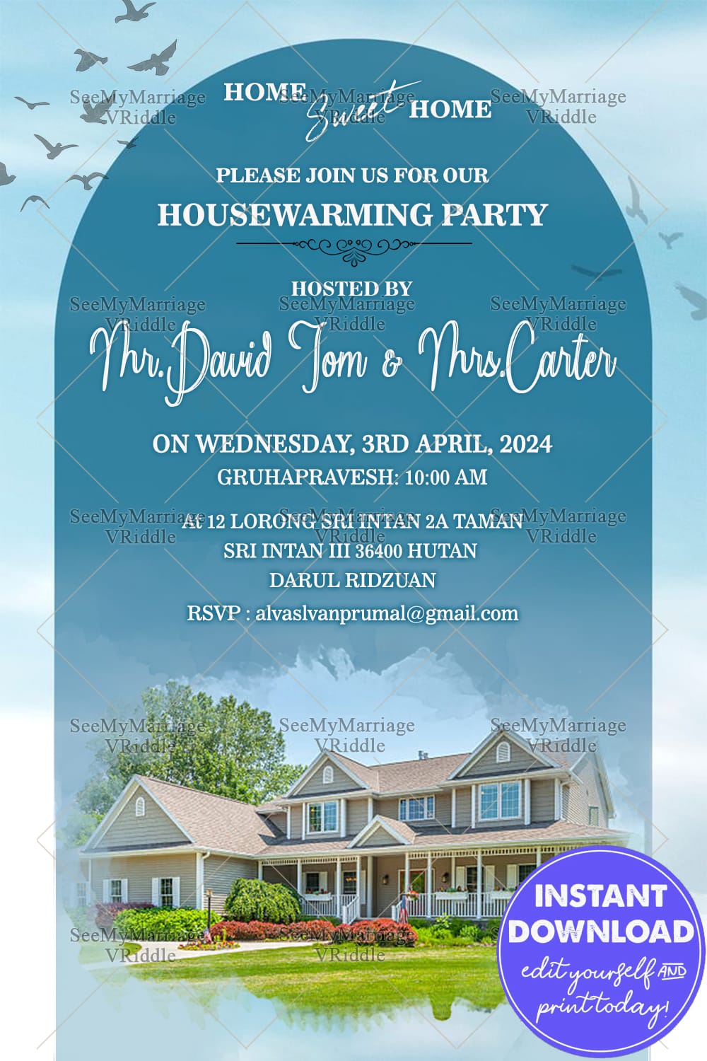 Modern Housewarming Invitation with Add Photo Option, Watercolor House Illustration, Blue Sky Background & Bird Motif