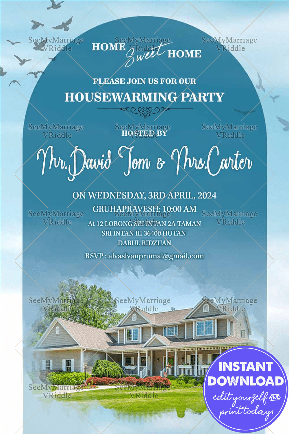 Modern Housewarming Invitation with Add Photo Option, Watercolor House Illustration, Blue Sky Background & Bird Motif