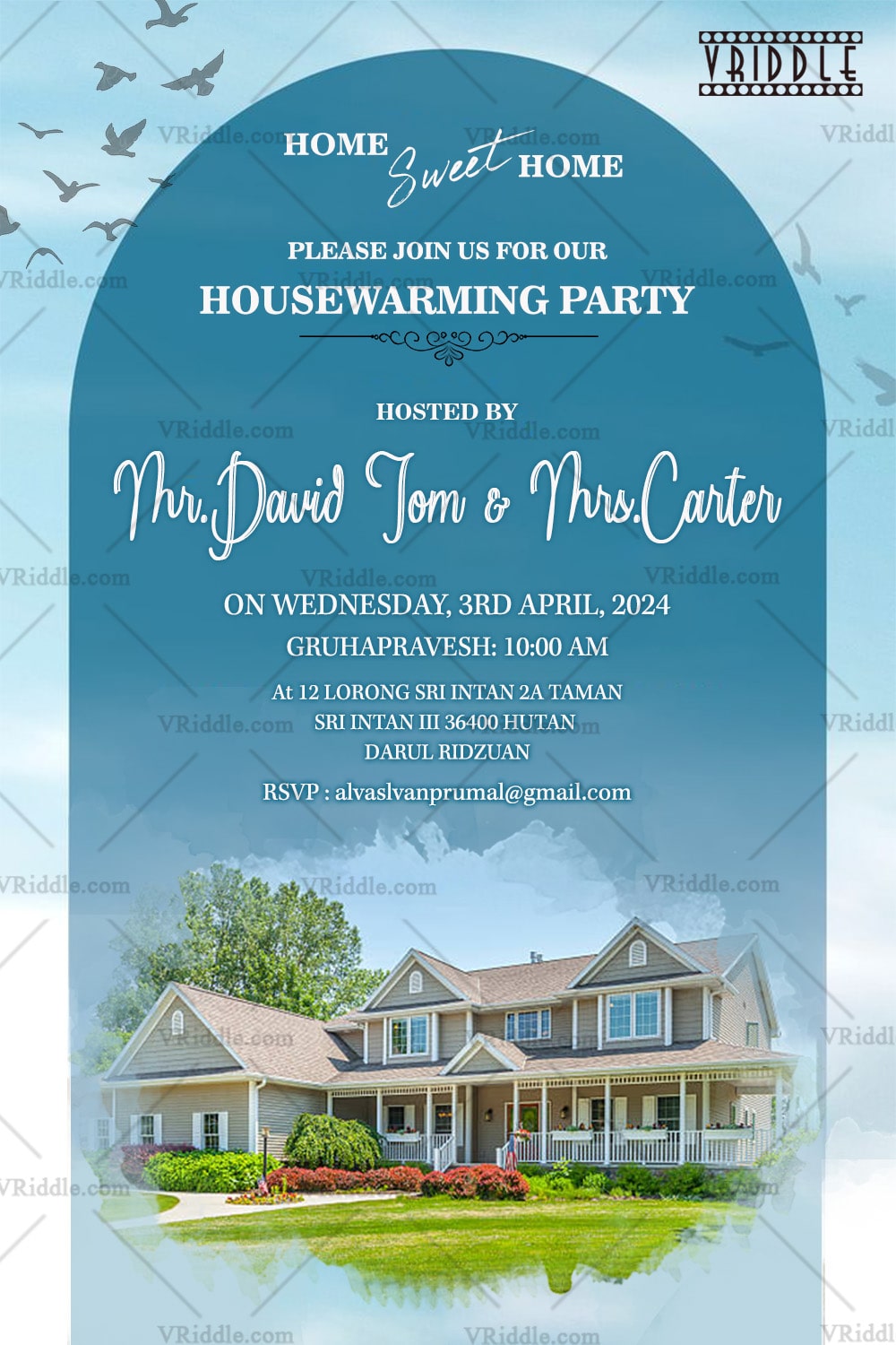Modern Housewarming Invitation with Add Photo Option, Watercolor House Illustration, Blue Sky Background & Bird Motif