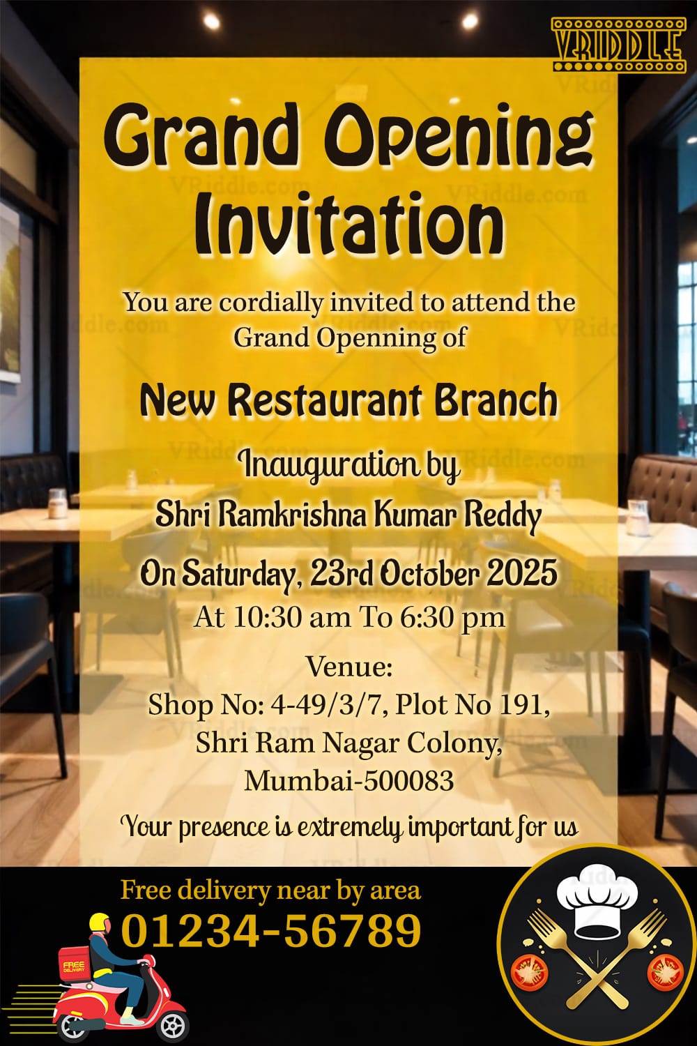 Modern and Professional Grand Opening Invitation Card for New Restaurant Branch with Dining Interior