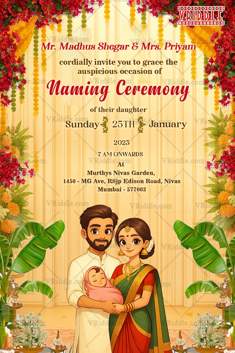 Naming Ceremony Invitation with South Indian Family Illustration with Baby, Floral Garland Decor and Temple Elements