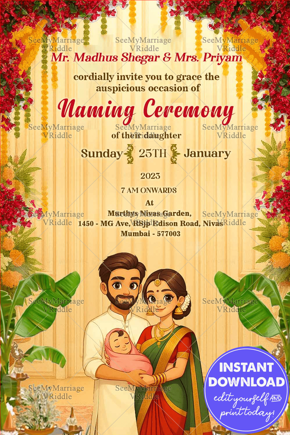Naming Ceremony Invitation with South Indian Family Illustration with Baby, Floral Garland Decor and Temple Elements