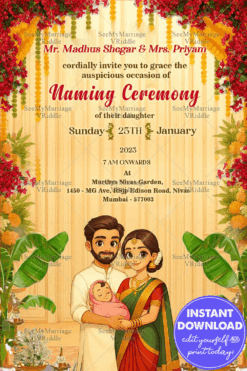 Naming Ceremony Invitation with South Indian Family Illustration with Baby, Floral Garland Decor and Temple Elements
