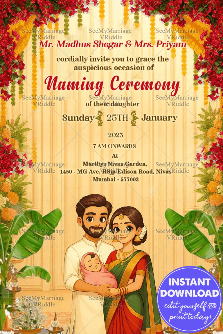 Naming Ceremony Invitation with South Indian Family Illustration with Baby, Floral Garland Decor and Temple Elements