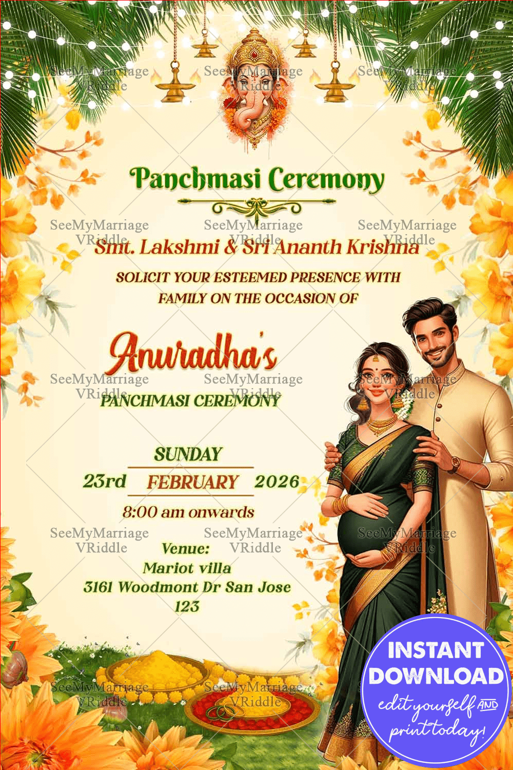Panchmasi Ceremony Invitation Card with Expecting Couple Illustration and Marigold Floral Decor