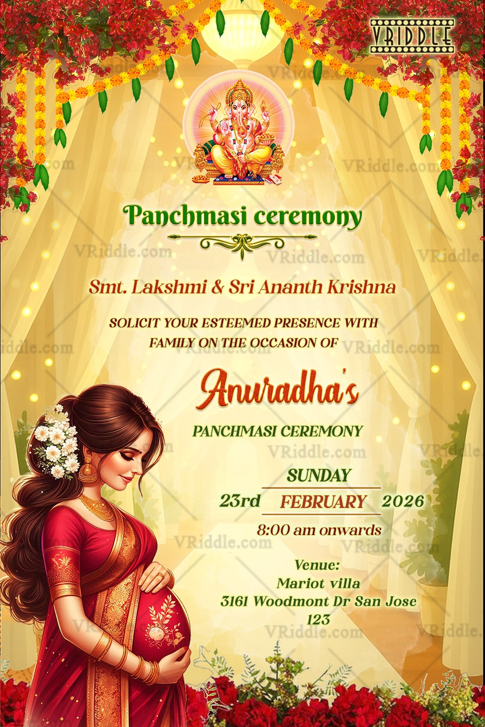 Panchmasi Ceremony Invitation Featuring South Indian Pregnant Woman Illustration with Marigold Garlands and Floral Drapes