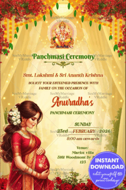 Panchmasi Ceremony Invitation Featuring South Indian Pregnant Woman Illustration with Marigold Garlands and Floral Drapes