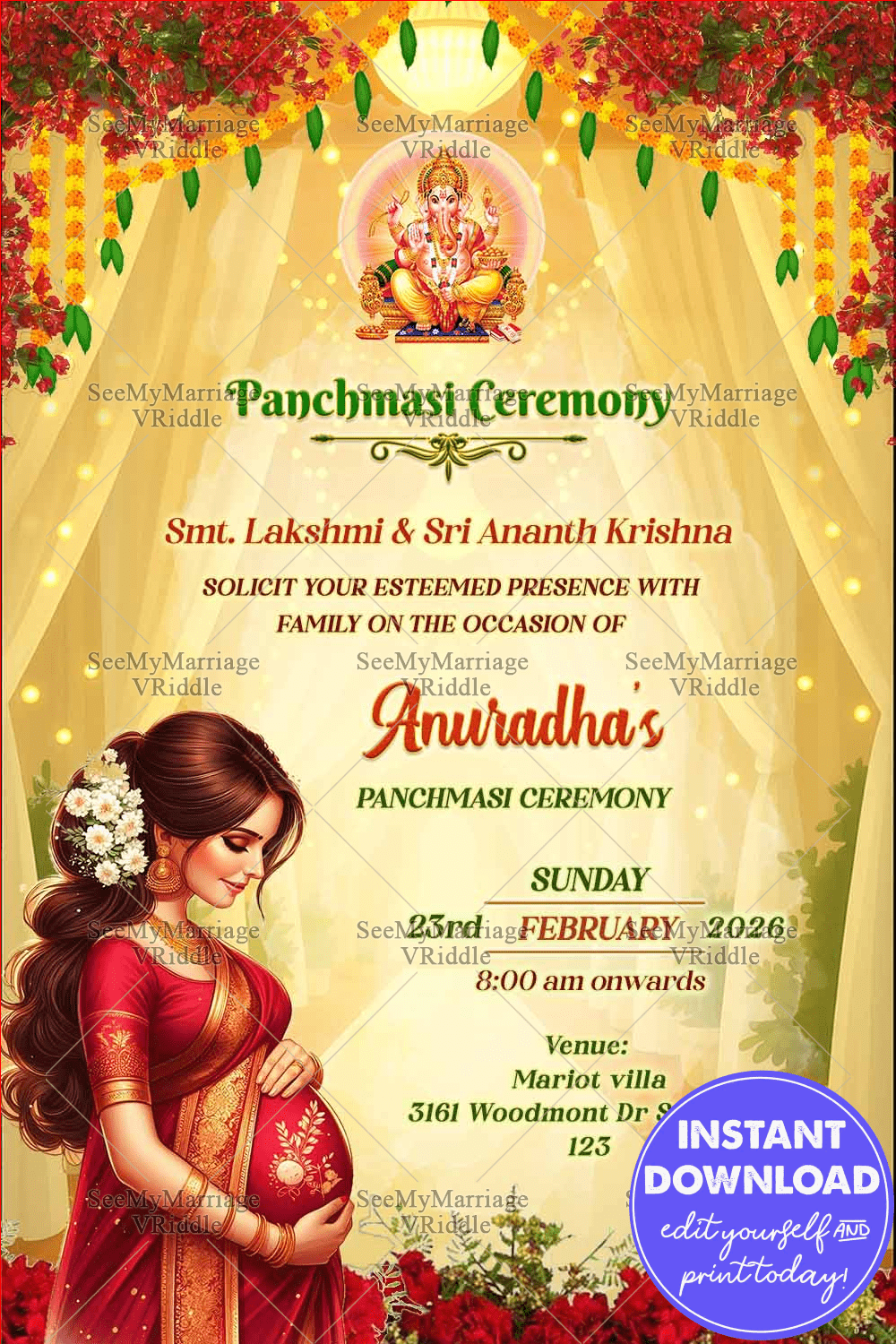 Panchmasi Ceremony Invitation Featuring South Indian Pregnant Woman Illustration with Marigold Garlands and Floral Drapes