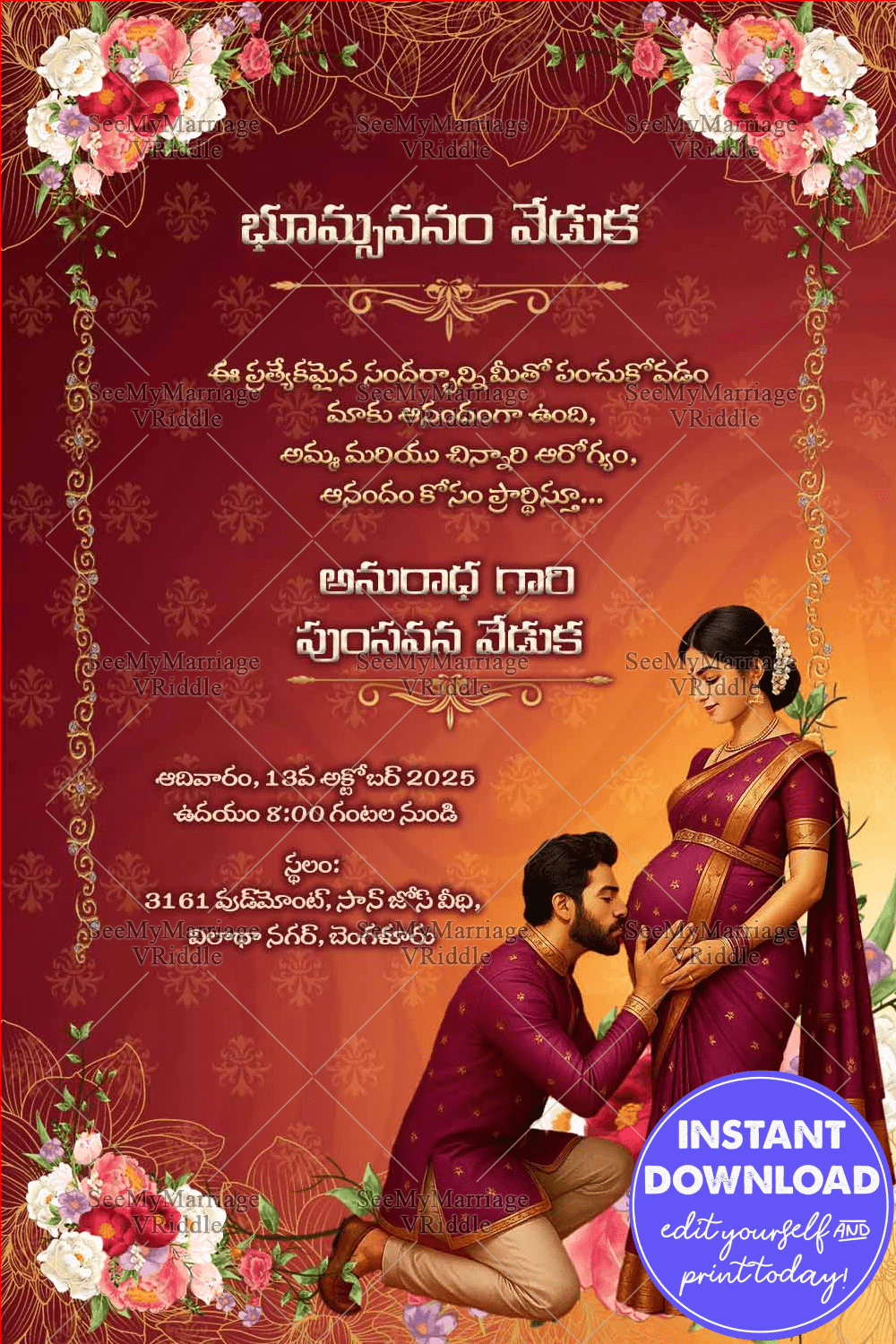 Pumsavana Ceremony Invitation with Expecting Couple Illustration, Traditional Touch in Maroon Backdrop