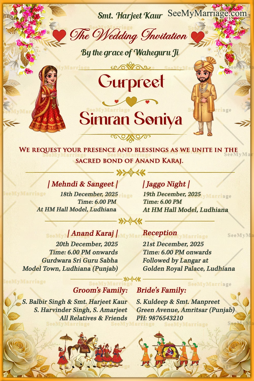 Punjabi Wedding Invitation Card with Cartoon Illustration, Anand Karaj Details, and Floral Festive Royal Design