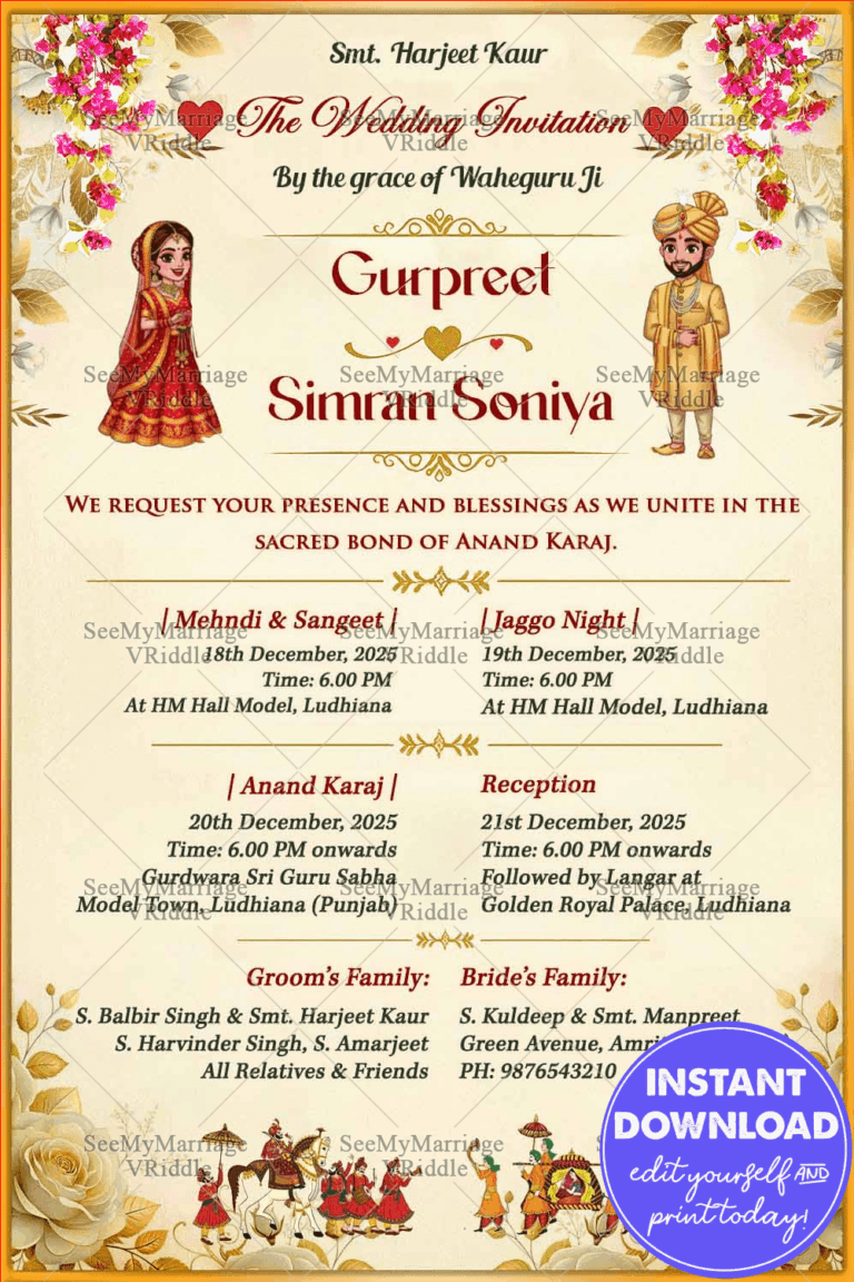 Punjabi Wedding Invitation Card with Cartoon Illustration, Anand Karaj Details, and Floral Festive Royal Design