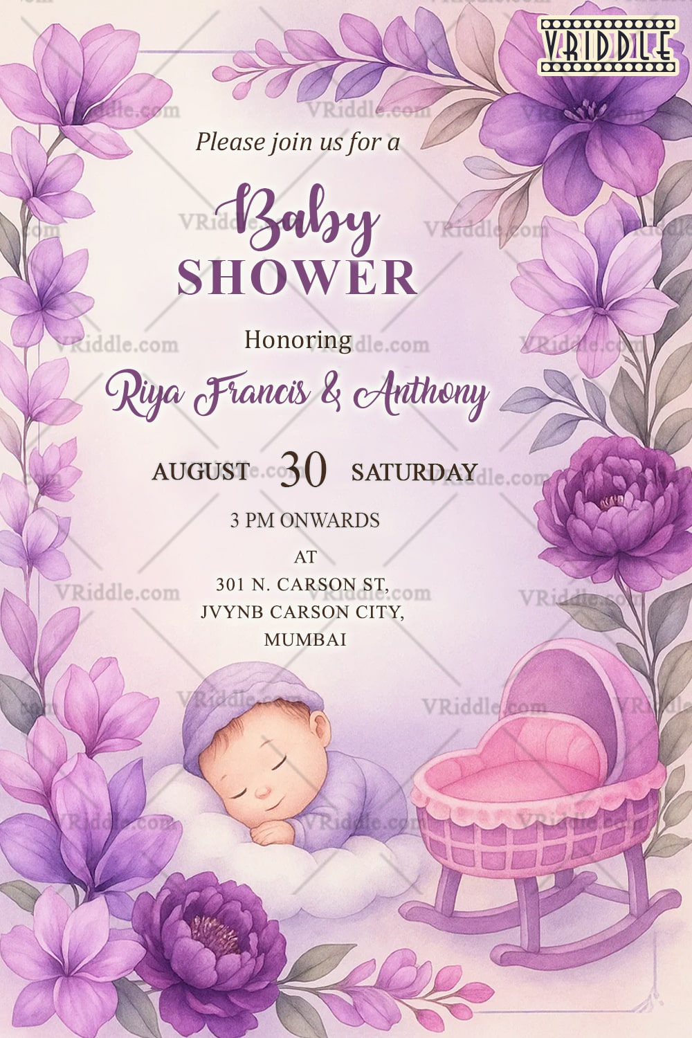 Purple Floral Baby Shower Invitation with Sleeping Baby Illustration with Cradle and Pastel Accents