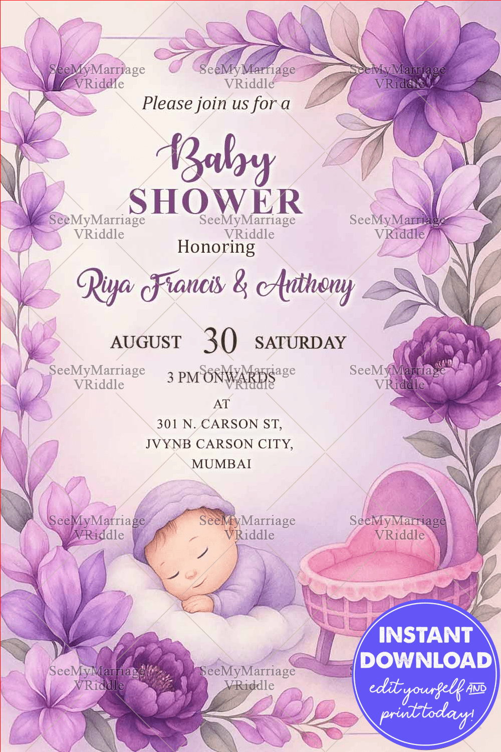 Purple Floral Baby Shower Invitation with Sleeping Baby Illustration with Cradle and Pastel Accents