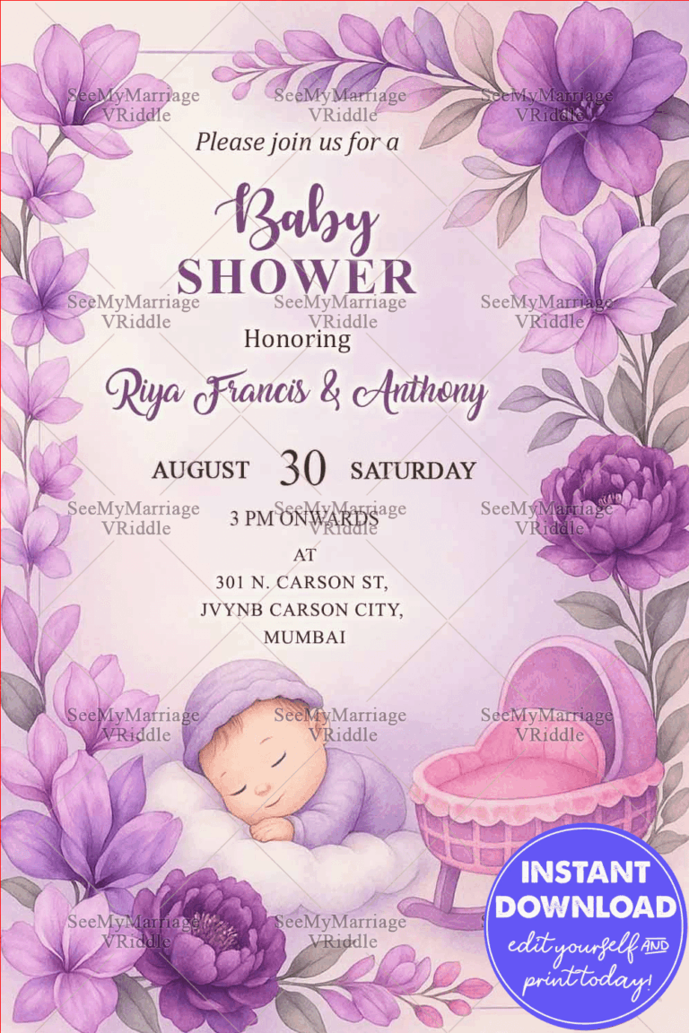 Purple Floral Baby Shower Invitation with Sleeping Baby Illustration with Cradle and Pastel Accents