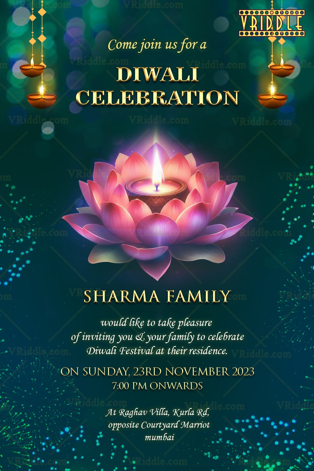 Radiant Green Diwali Greeting Adorned with Traditional Diyas and Floral Elegance