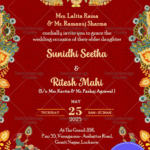 Regal Kalamkari Wedding Invitation with Majestic Peacock and Royal Elephant Motifs in Red Backdrop