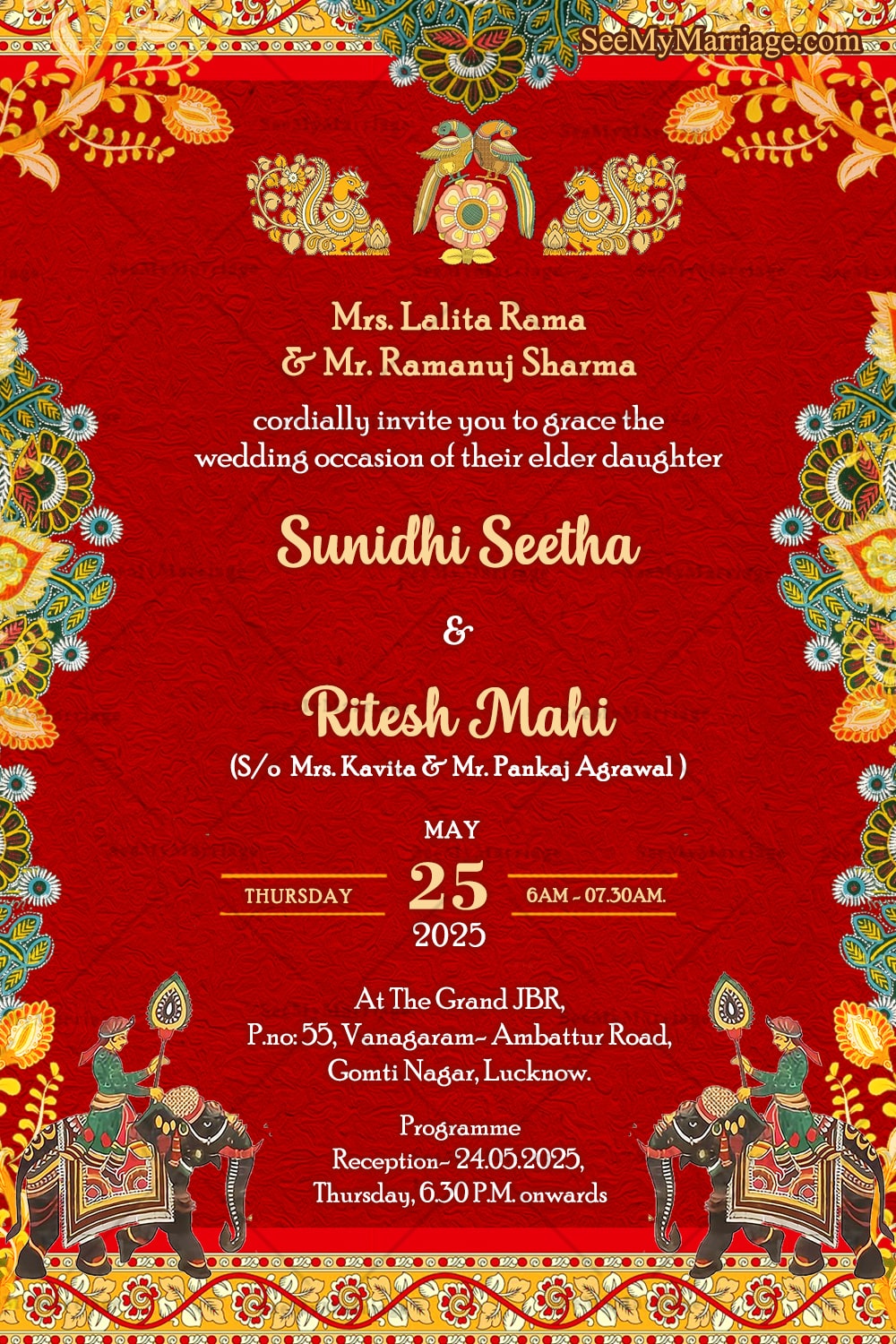 Regal Kalamkari Wedding Invitation with Majestic Peacock and Royal Elephant Motifs in Red Backdrop