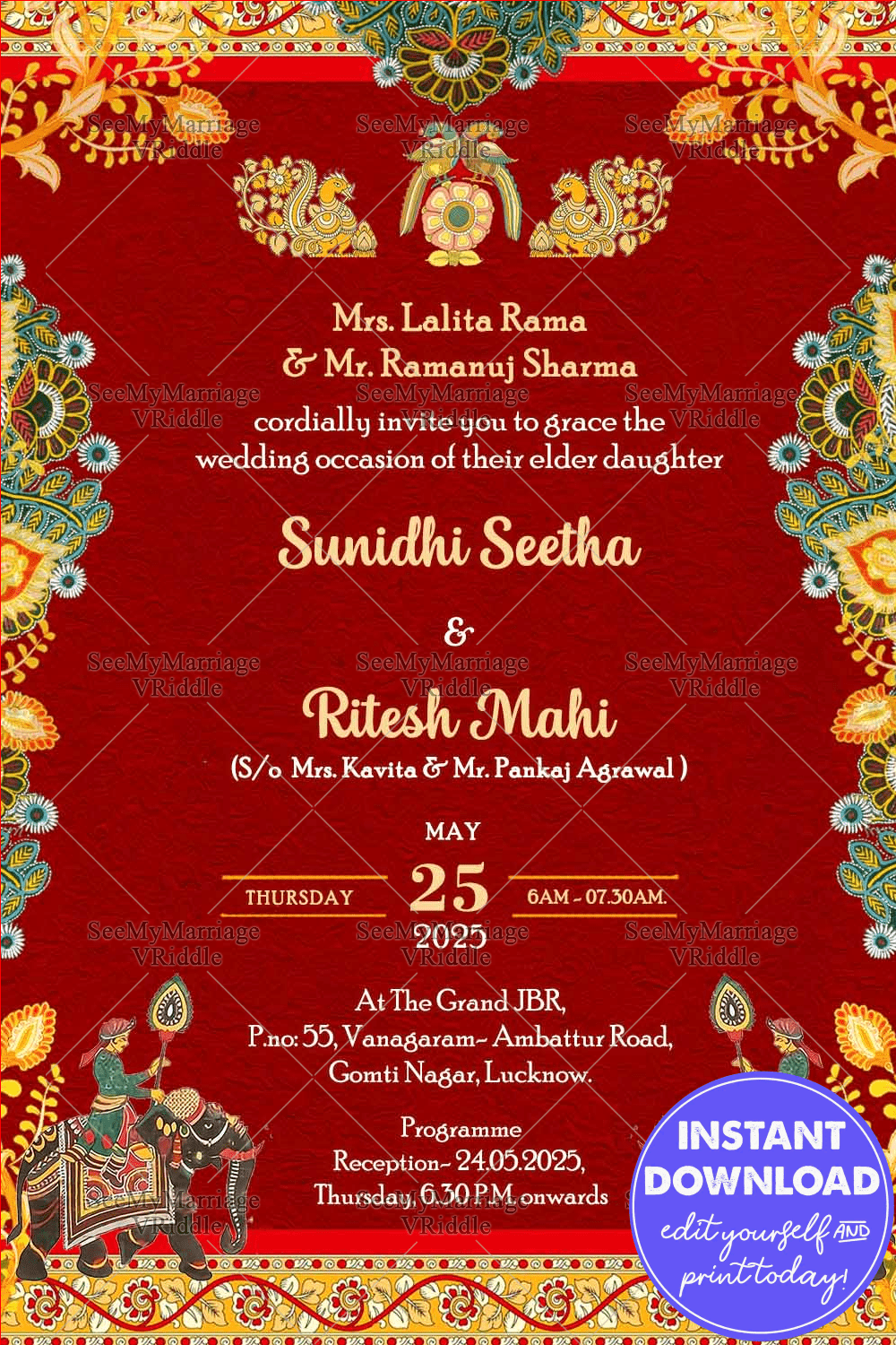 Regal Kalamkari Wedding Invitation with Majestic Peacock and Royal Elephant Motifs in Red Backdrop