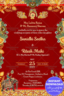 Regal Kalamkari Wedding Invitation with Majestic Peacock and Royal Elephant Motifs in Red Backdrop