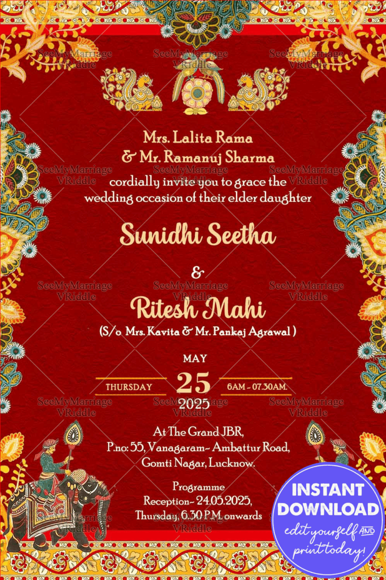 Regal Kalamkari Wedding Invitation with Majestic Peacock and Royal Elephant Motifs in Red Backdrop