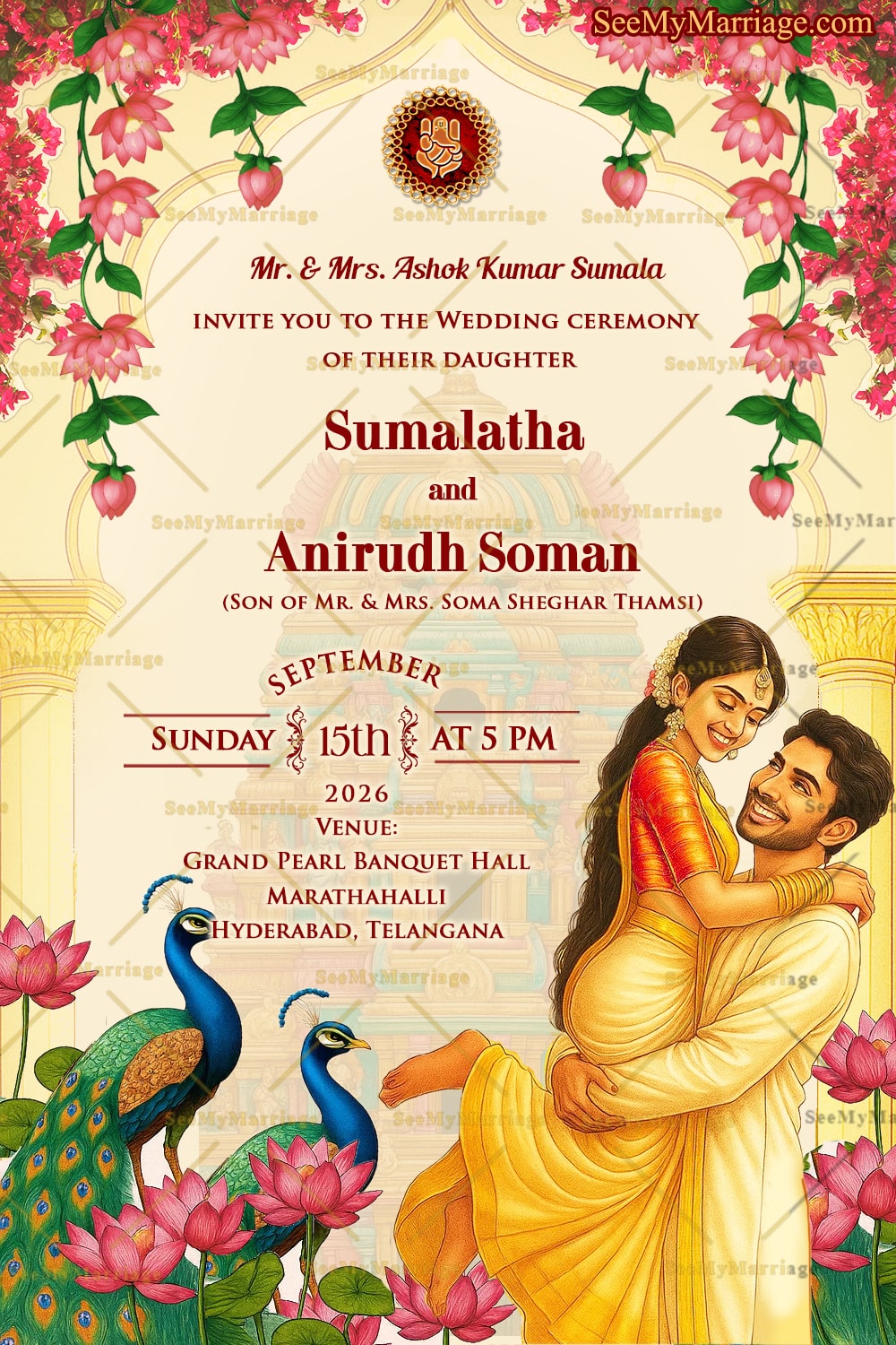 Romantic Couple Wedding Invitation with Floral Arch, South Indian Temple Peacock Motifs