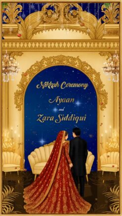 Royal Blue and Golden BG Nikkah Ceremony Video with Traditional Bride-Groom Illustration in Regal Attire and Ornate Decor Elements