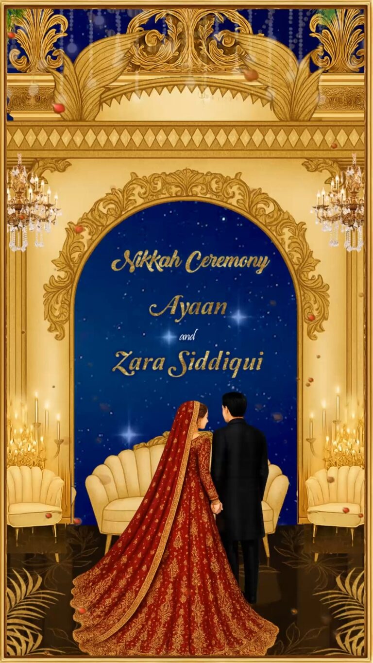 Royal Blue and Golden BG Nikkah Ceremony Video with Traditional Bride-Groom Illustration in Regal Attire and Ornate Decor Elements