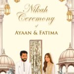 Royal Islamic Nikah Ceremony Invitation Video with Bride and Groom Illustration, Mughal Arch Design, Hanging Lanterns and Floral Decorations in Soft Beige and Gold Tones