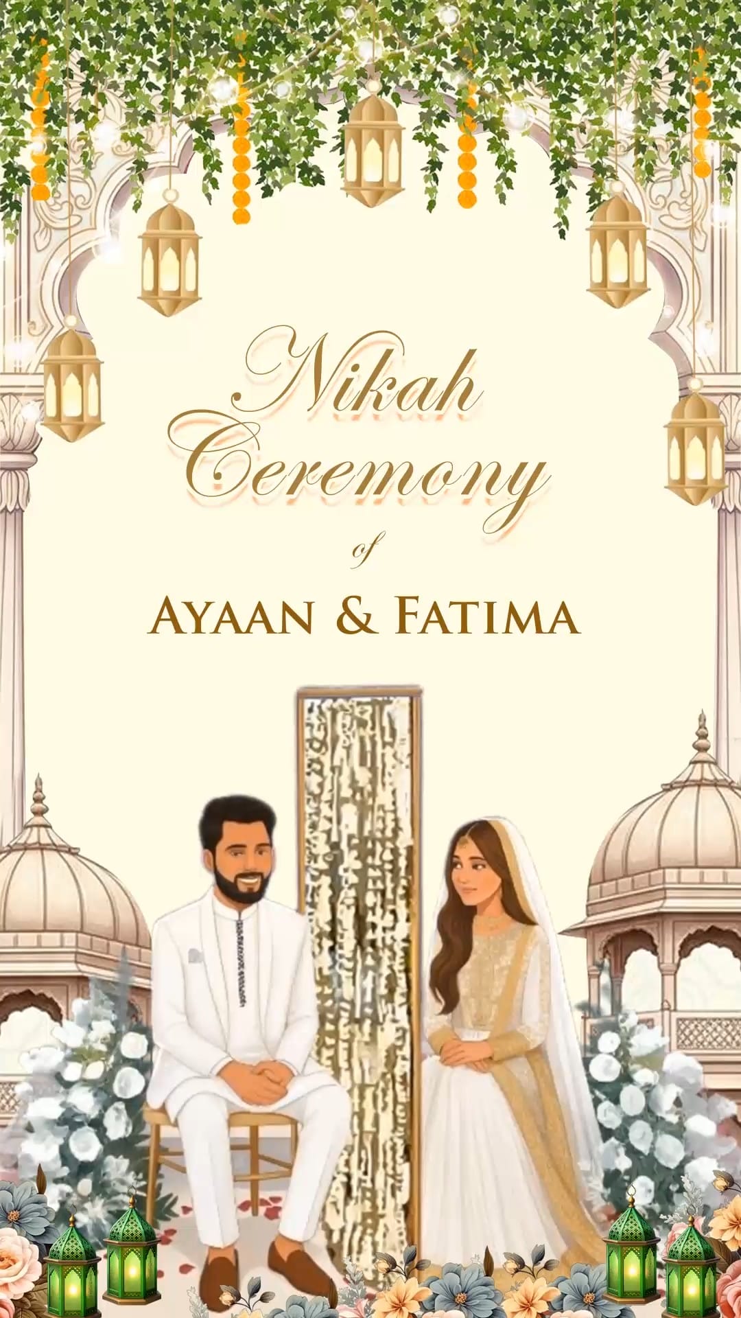 Royal Islamic Nikah Ceremony Invitation Video with Bride and Groom Illustration, Mughal Arch Design, Hanging Lanterns and Floral Decorations in Soft Beige and Gold Tones