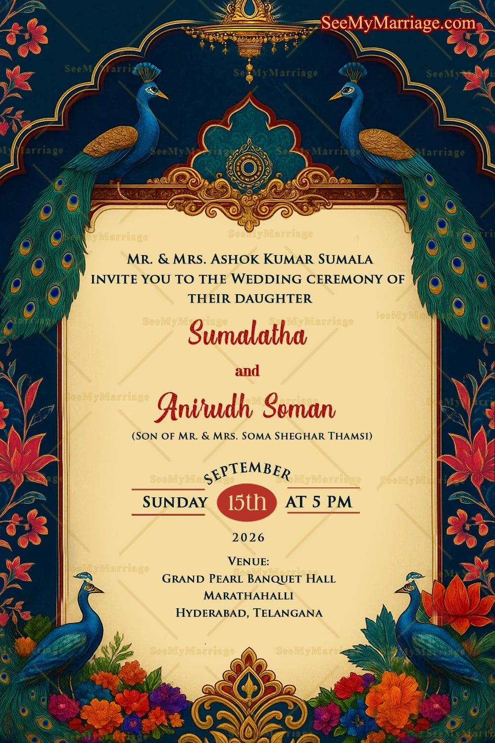 Royal Peacock Indian Wedding Invitation Featuring Floral Motifs Borders and Temple Arch Design In Blue Backdrop