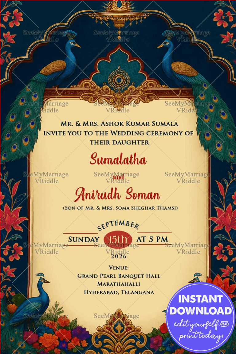Royal Peacock Indian Wedding Invitation Featuring Floral Motifs Borders and Temple Arch Design In Blue Backdrop