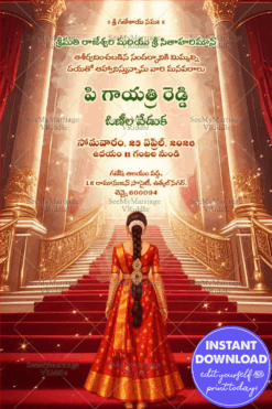 Royal Telugu Half Saree Ceremony Invitation Card with Grand Staircase, and Traditional Regal Touch