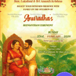 Seemantham Invitation Card Featuring South Indian Couple Illustration with Floral Banana Leaf Decor and Festive Elements