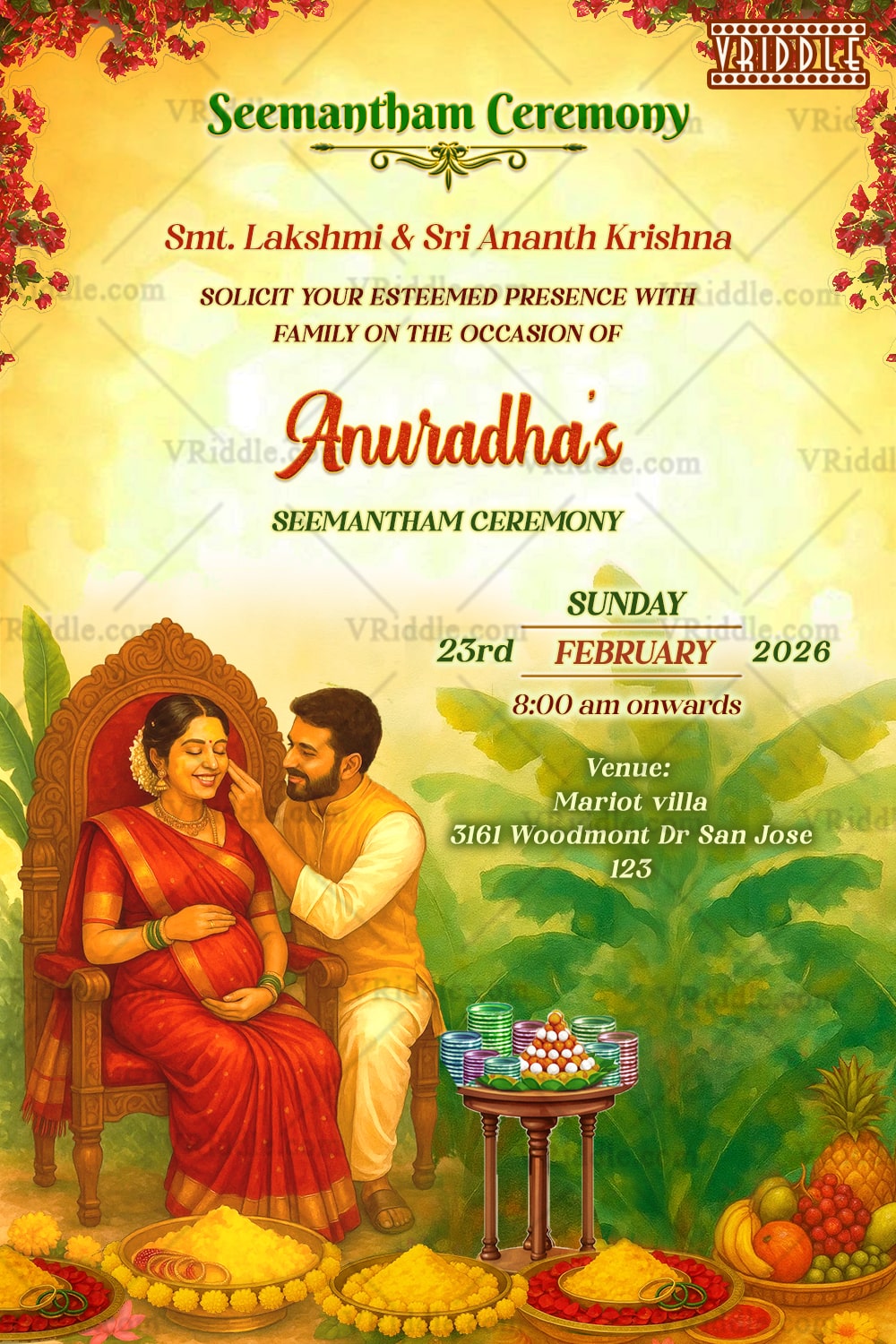 Seemantham Invitation Card Featuring South Indian Couple Illustration with Floral Banana Leaf Decor and Festive Elements
