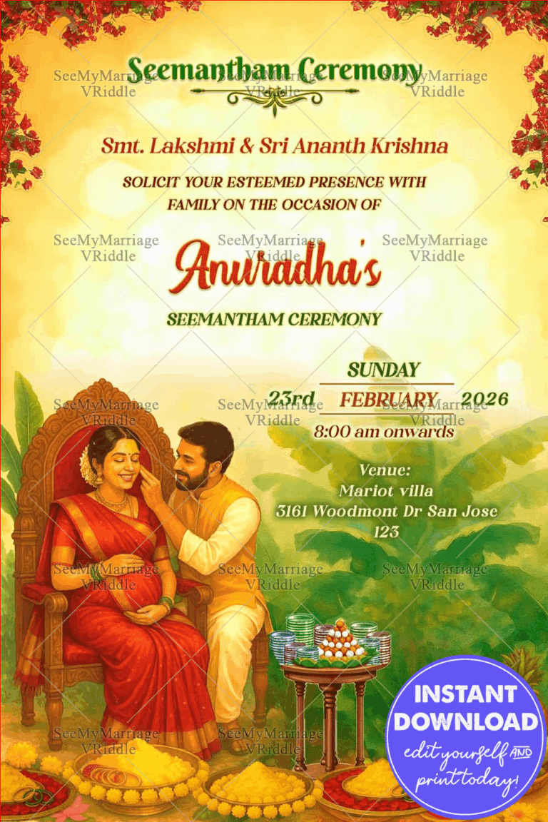 Seemantham Invitation Card Featuring South Indian Couple Illustration with Floral Banana Leaf Decor and Festive Elements
