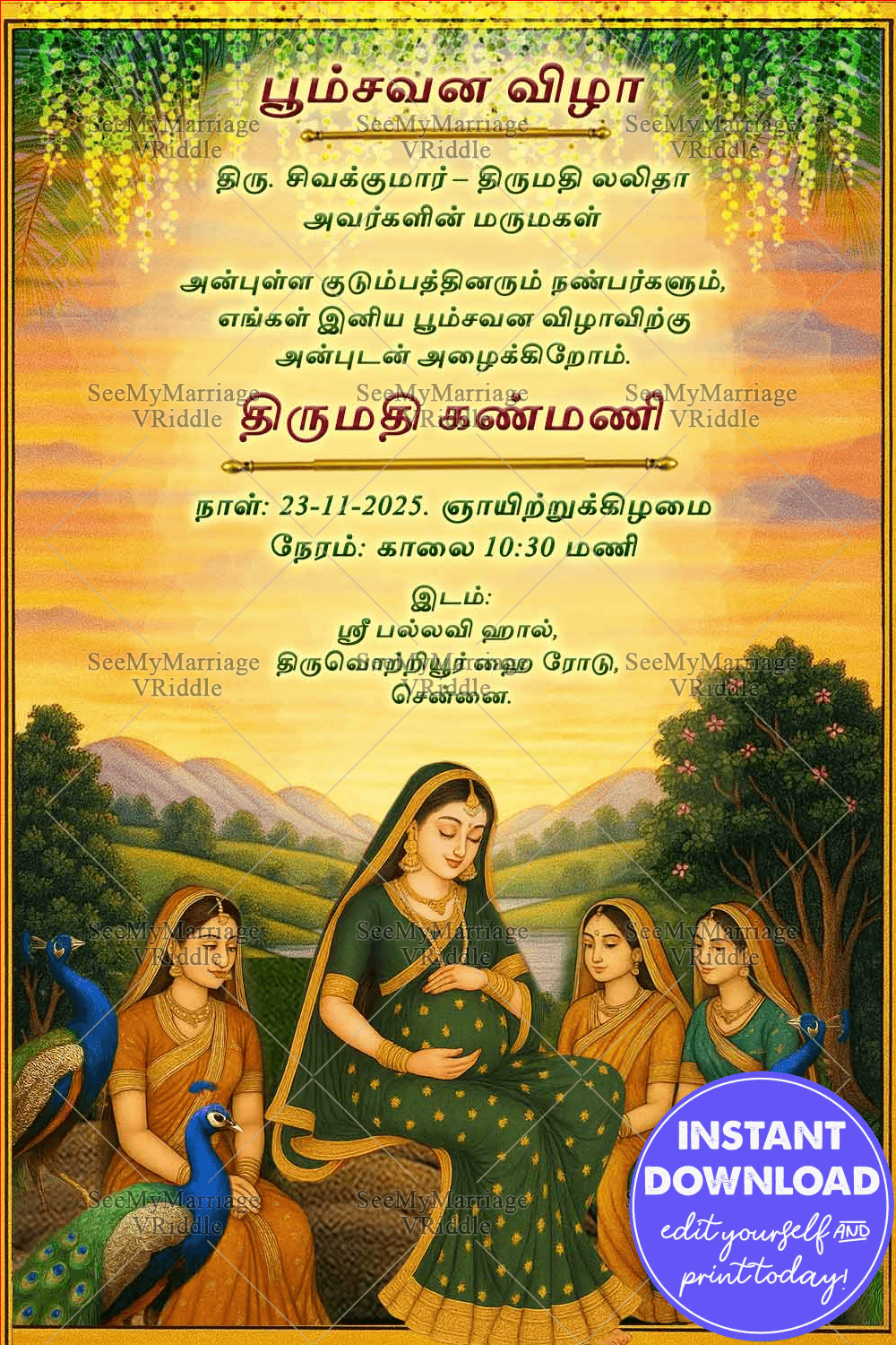 Seemantham Tamil Invitation Card with Pregnant Woman Illustration in Artwork Style, Peacocks and Nature Backdrop