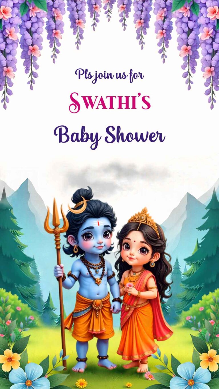 Shiv Parvati Theme Godh Bharai Invitation Video with Mountain Forest Background and Cute Mythological Baby Characters