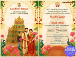 South Indian Temple Wedding Invitation with Two Leaf and Traditional Couple Illustration with Peacock, Traditional Floral Decor