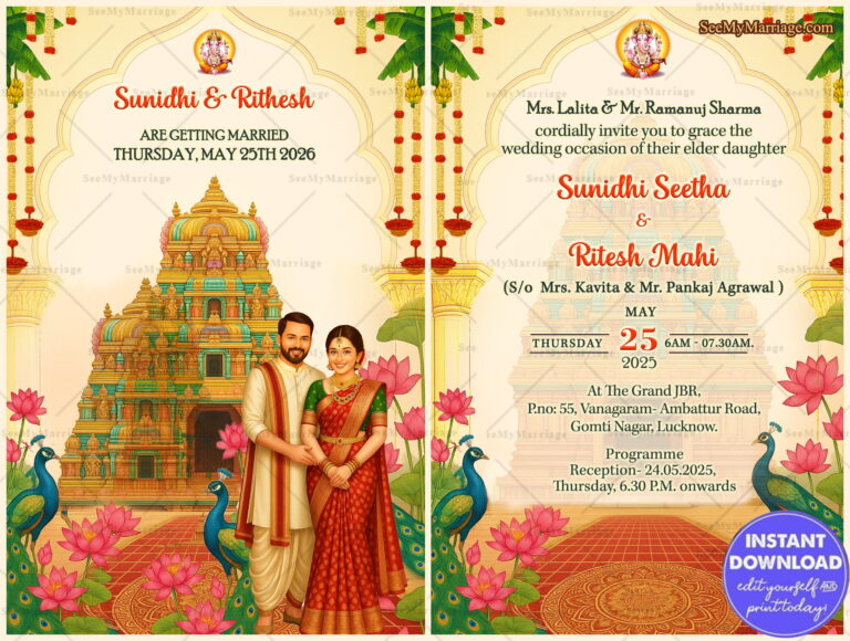 South Indian Temple Wedding Invitation with Two Leaf and Traditional Couple Illustration with Peacock, Traditional Floral Decor