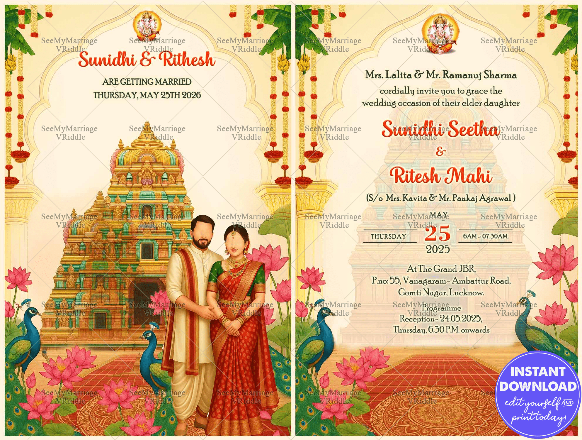 South Indian Temple Wedding Invitation with Two Leaf and Traditional Couple Illustration with Peacock, Traditional Floral Decor