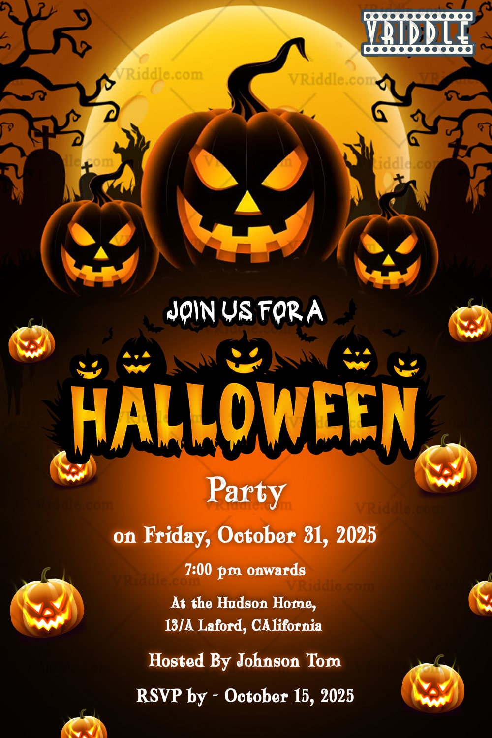 Spooky Halloween Party Invitation with Jack-o'-Lanterns, Full Moon, and Haunted Forest Theme
