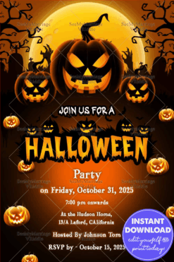 Spooky Halloween Party Invitation with Jack-o'-Lanterns, Full Moon, and Haunted Forest Theme