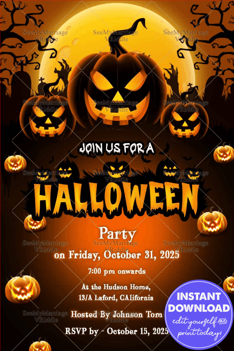 Spooky Halloween Party Invitation with Jack-o'-Lanterns, Full Moon, and Haunted Forest Theme