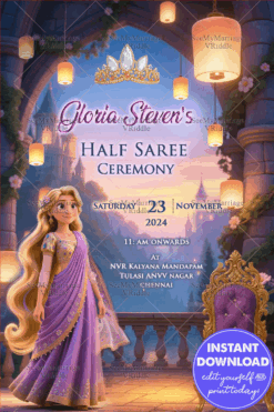 Tangled Half Saree Ceremony Invitation with Princess Rapunzel illustration, Royal Animated Elegance