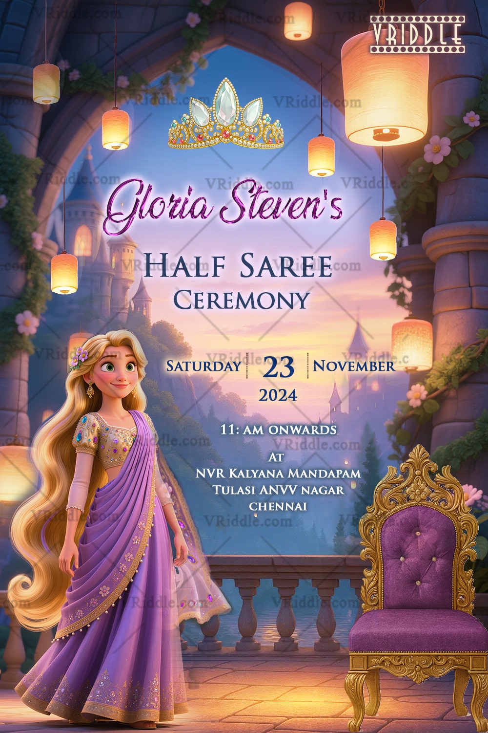 Tangled Half Saree Ceremony Invitation with Princess Rapunzel illustration, Royal Animated Elegance