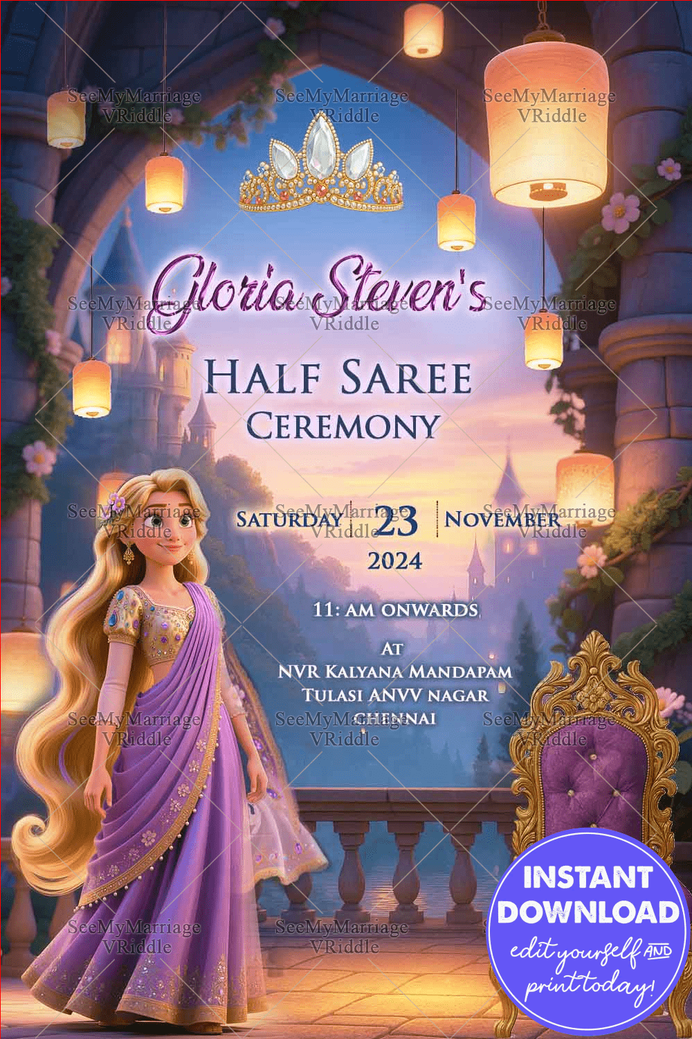 Tangled Half Saree Ceremony Invitation with Princess Rapunzel illustration, Royal Animated Elegance