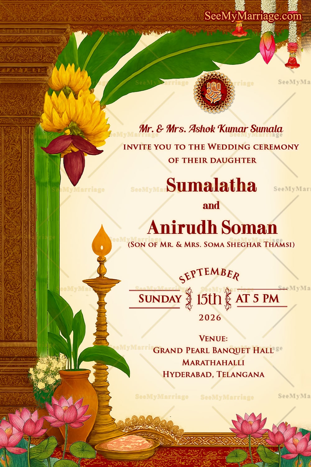 Temple Theme Wedding Invitation Embellished with Traditional Kalash, Sacred Deepam, Banana Leaves, and Lotus Flowers