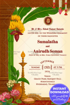 Temple Theme Wedding Invitation Embellished with Traditional Kalash, Sacred Deepam, Banana Leaves, and Lotus Flowers